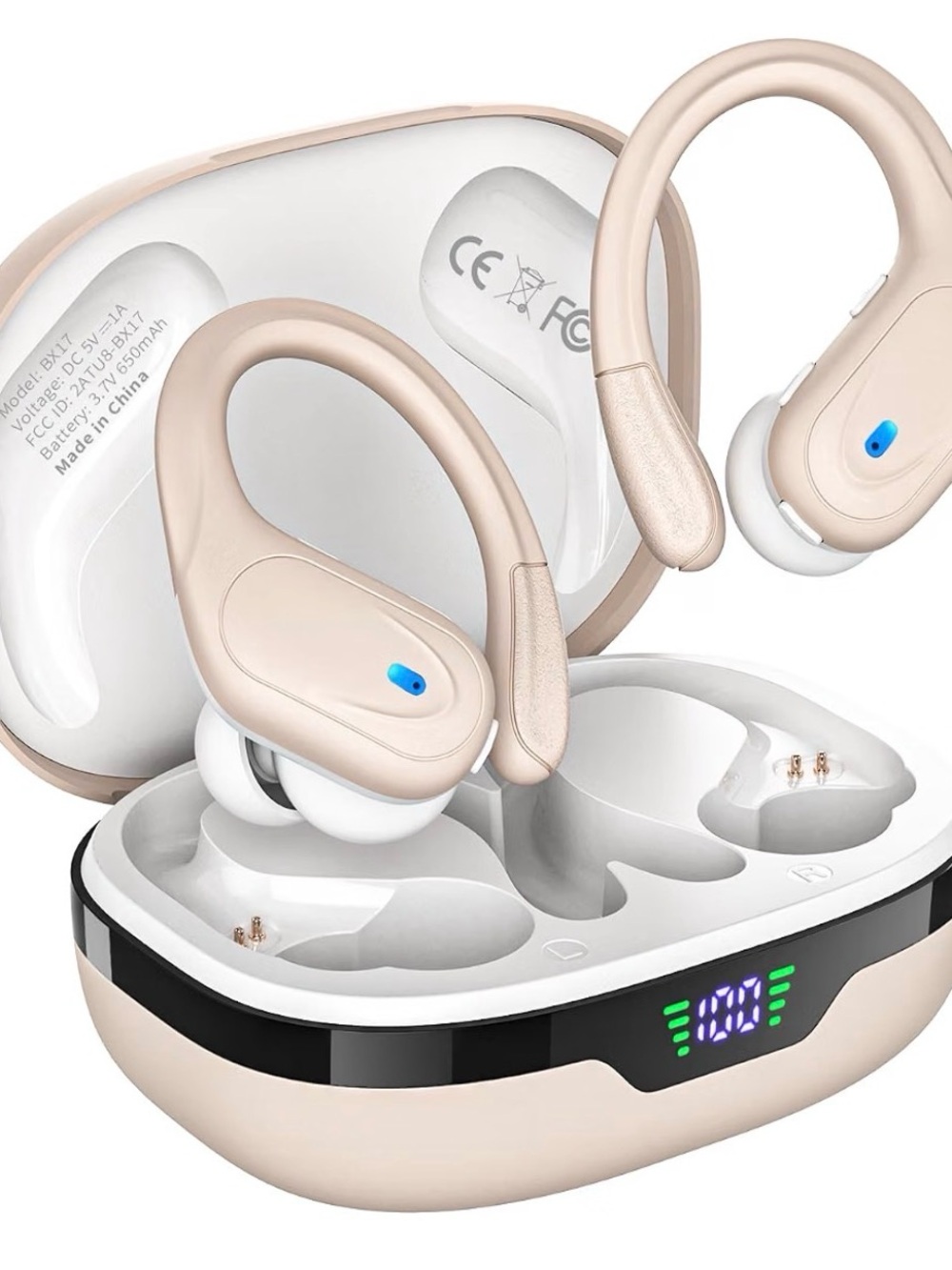 Wireless Ear Hook Bluetooth Earbuds with Charging Case - Beige